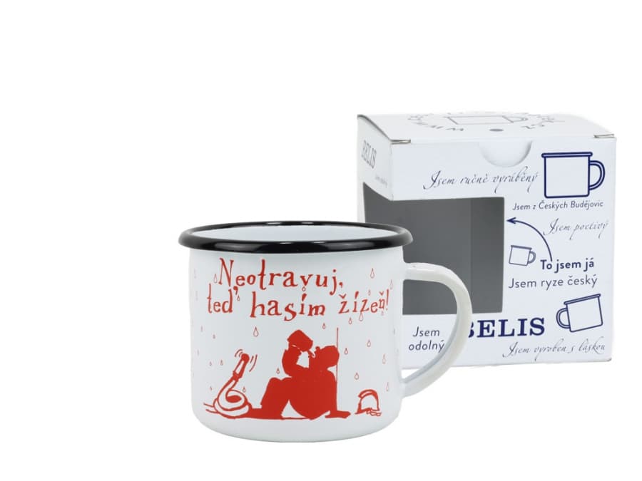 BELIS Smaltovaný hrnek ø 8 cm - 0.35 l bílý "hasiči/žízeň" v krabičce - ČESKÝ PLECHÁČEK - 11008-039OFM04