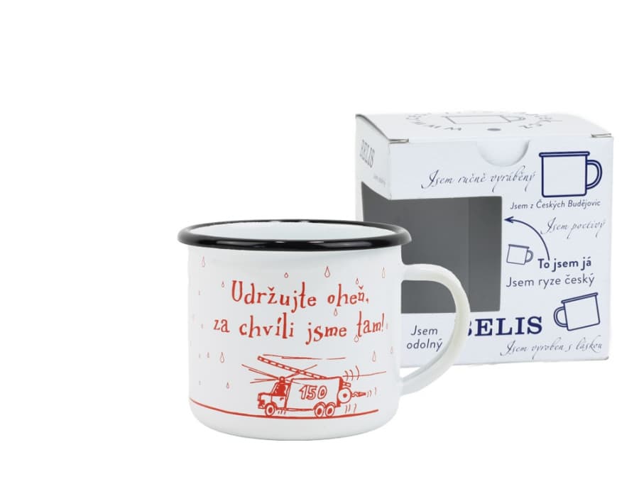 BELIS Smaltovaný hrnek ø 8 cm - 0.35 l bílý "hasiči/oheň" v krabičce - ČESKÝ PLECHÁČEK - 11008-039OEM04