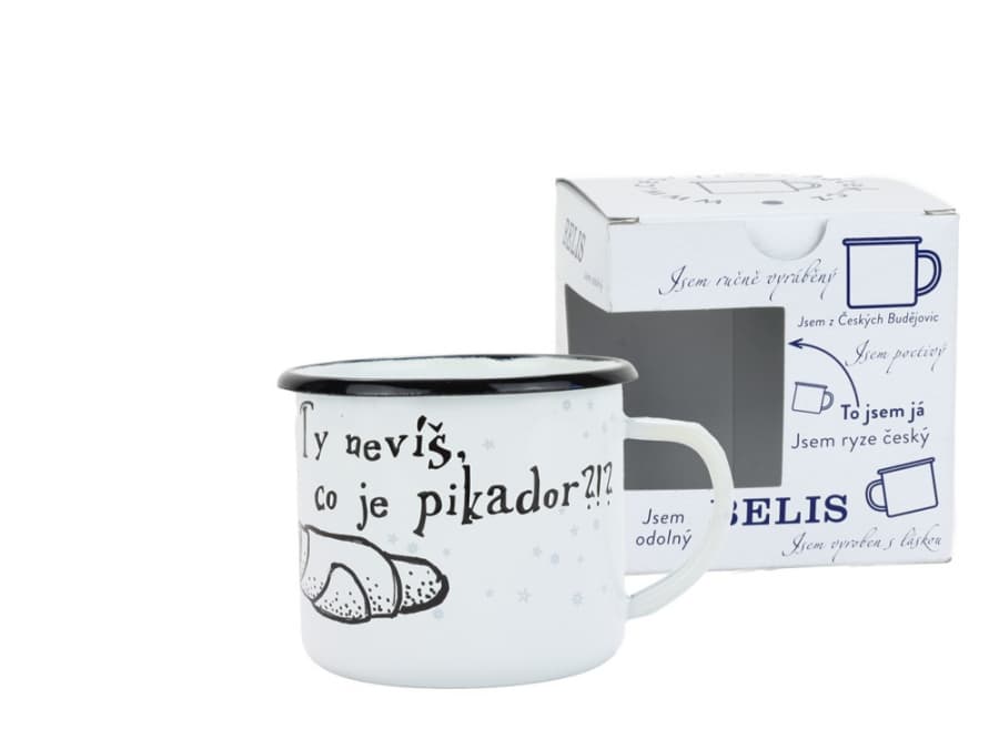 BELIS Smaltovaný hrnek ø 8 cm - 0.35 l bílý "ČB/pikador" v krabičce - ČESKÝ PLECHÁČEK - 11008-039PIM04
