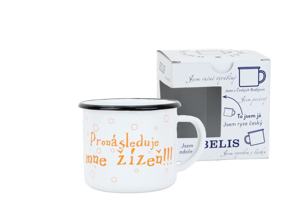 BELIS Smaltovaný hrnek ø 8 cm - 0.35 l bílý "žízeň" v krabičce - ČESKÝ PLECHÁČEK - 11008-039PBM04