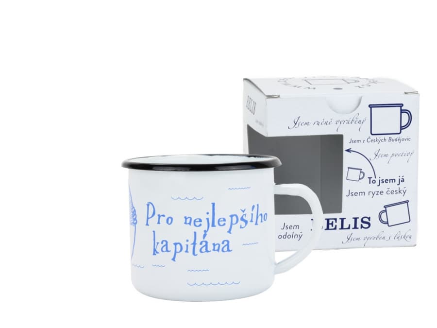 BELIS Smaltovaný hrnek ø 8 cm - 0.35 l bílý "nejlepší kapitán" v krabičce - ČESKÝ PLECHÁČEK - 11008-039REM04