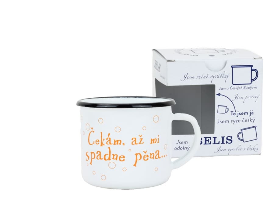BELIS Smaltovaný hrnek ø 8 cm - 0.35 l bílý "pěna" v krabičce - ČESKÝ PLECHÁČEK - 11008-039PCM04
