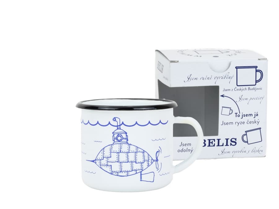 BELIS Smaltovaný hrnek ø 8 cm - 0.35 l bílý "ponorka" v krabičce - ČESKÝ PLECHÁČEK - 11008-039RAM04