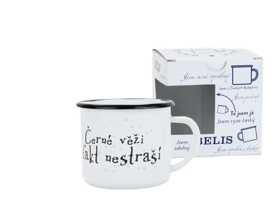 BELIS Smaltovaný hrnek ø 8 cm - 0.35 l bílý "černá věž" v krabičce - ČESKÝ PLECHÁČEK - 11008-039PEM04