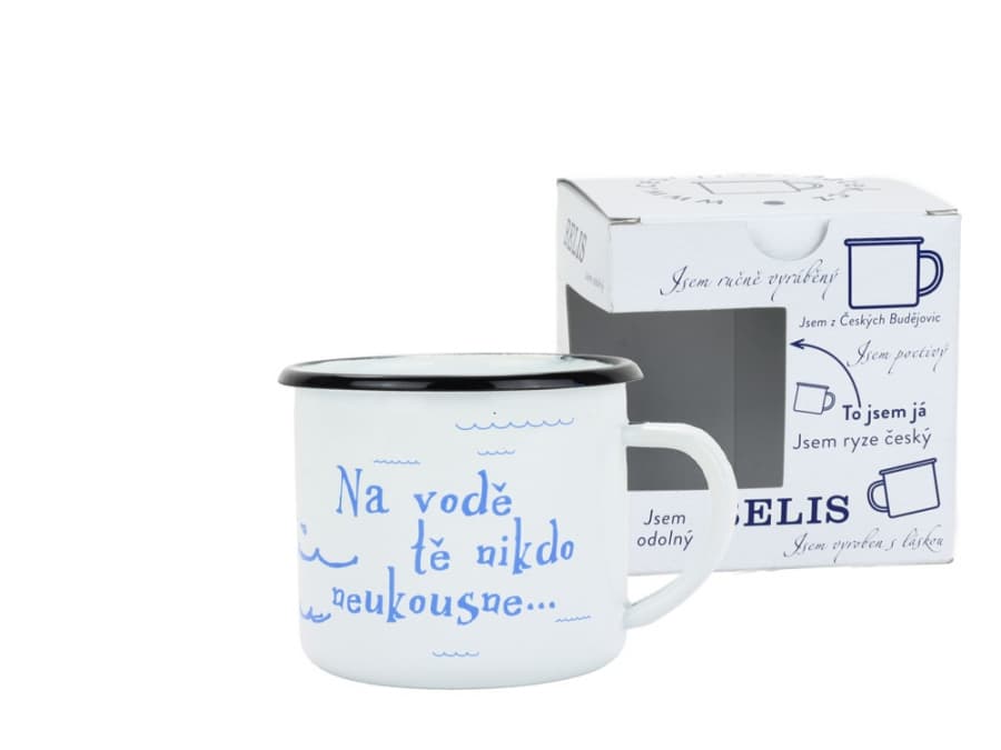 BELIS Smaltovaný hrnek ø 8 cm - 0.35 l bílý "vodák/voda" v krabičce - ČESKÝ PLECHÁČEK - 11008-039RGM04
