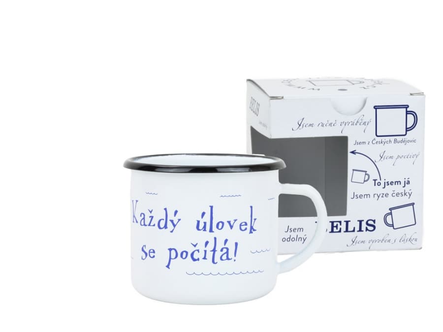 BELIS Smaltovaný hrnek ø 8 cm - 0.35 l bílý "kostra" v krabičce - ČESKÝ PLECHÁČEK - 11008-039RCM04