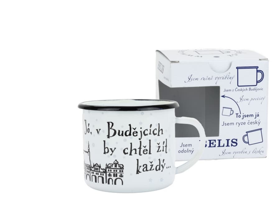 BELIS Smaltovaný hrnek ø 8 cm - 0.35 l bílý "ČB/město" v krabičce - ČESKÝ PLECHÁČEK - 11008-039PFM04