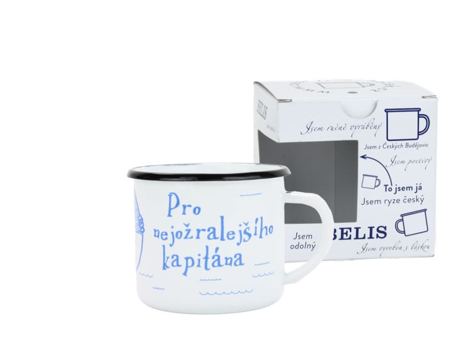 BELIS Smaltovaný hrnek ø 8 cm - 0.35 l bílý "nejožralejší kapitán" v krabičce - ČESKÝ PLECHÁČEK - 11008-039RHM04