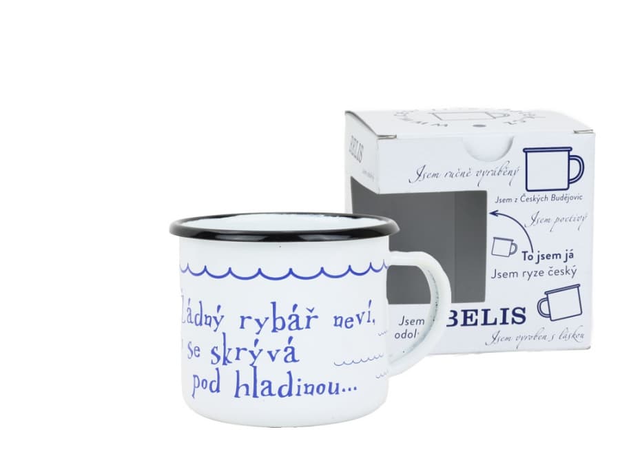 BELIS Smaltovaný hrnek ø 8 cm - 0.35 l bílý "voda" v krabičce - ČESKÝ PLECHÁČEK - 11008-039RBM04