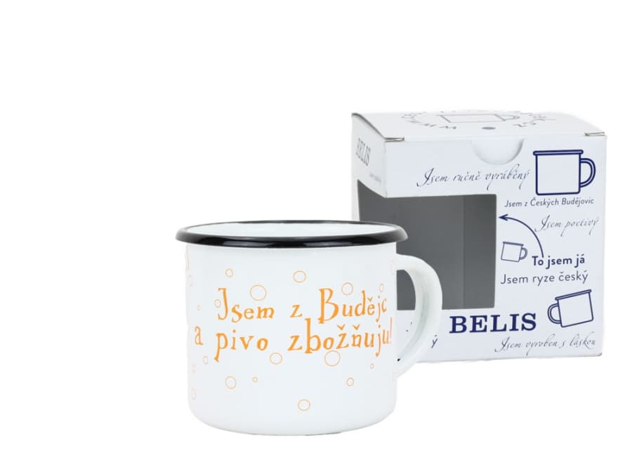 BELIS Smaltovaný hrnek ø 8 cm - 0.35 l bílý "pivo" v krabičce - ČESKÝ PLECHÁČEK - 11008-039PAM04