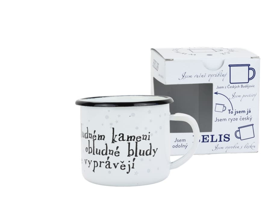 BELIS Smaltovaný hrnek ø 8 cm - 0.35 l bílý "kámen" v krabičce - ČESKÝ PLECHÁČEK - 11008-039PGM04