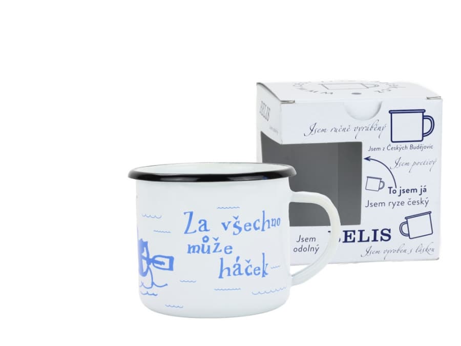 BELIS Smaltovaný hrnek ø 8 cm - 0.35 l bílý "vodák/háček" v krabičce - ČESKÝ PLECHÁČEK - 11008-039RFM04